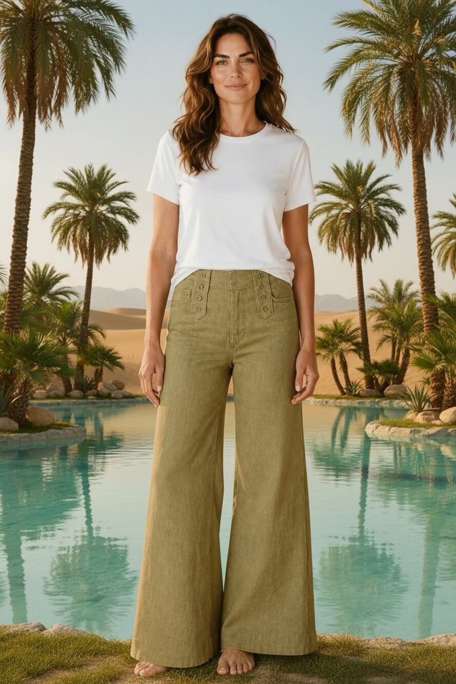 Vintage Sitwell Women's 2 Olive Green Button Tab Waistband Wide Leg Pants Boho